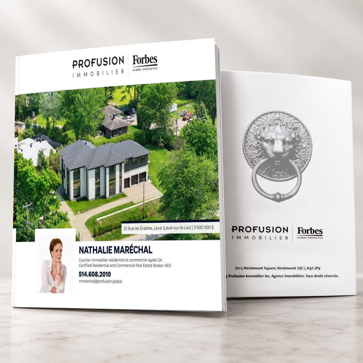 Brochure immobilière de Nathalie Maréchal présentant une propriété à Laval-sur-le-Lac