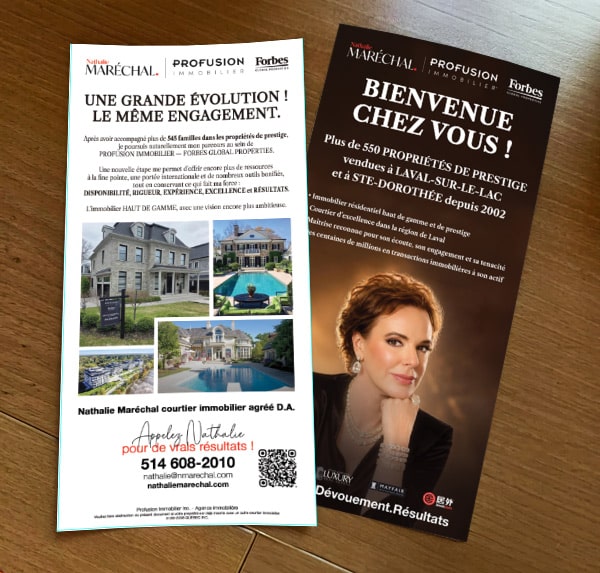 Carton immobilier promotionnel de Nathalie Maréchal pour la mise en marché d’une propriété à Laval